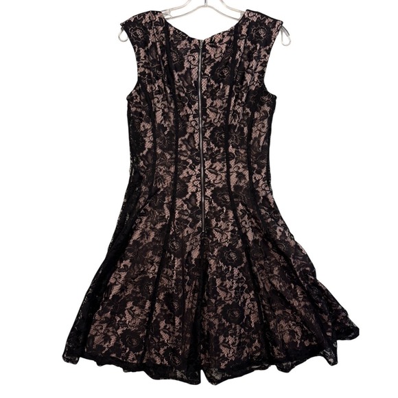 Women's Dress, Size 10, Black Floral Lace Fit and Flare Dress Pink Lining - Picture 3 of 9